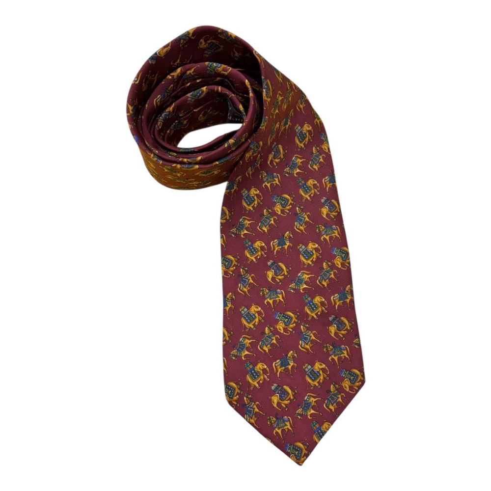 Vtg Handmade Burberry 100% Silk Burgundy Elephant Horse Design Mns Tie